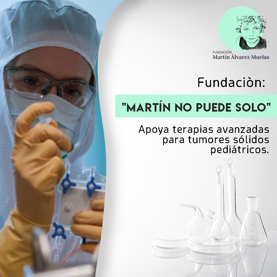 Científica en laboratorio trabajando en terapias avanzadas para tumores sólidos pediátricos con el apoyo de la Fundación Martín no puede solo.